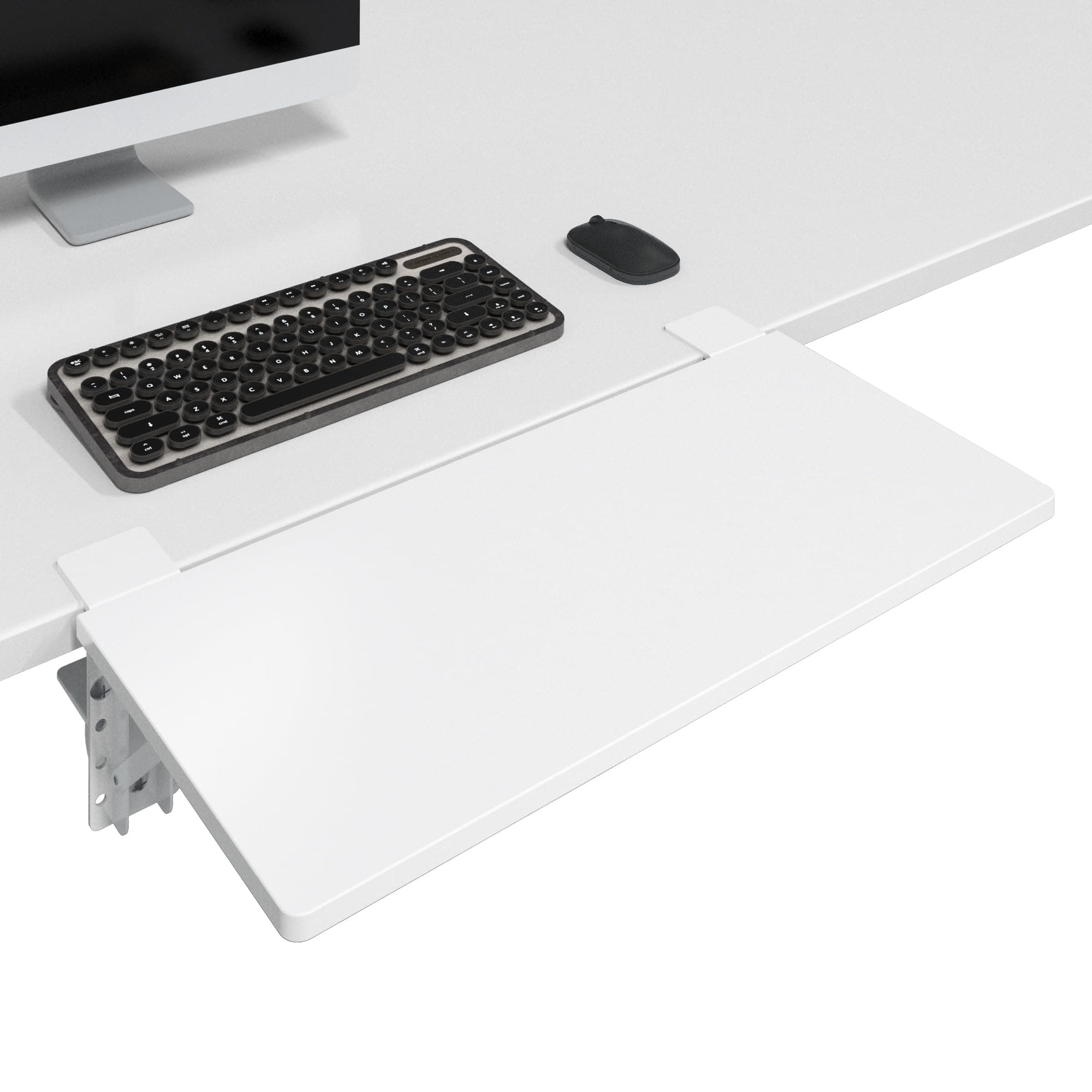 BONTEC Adjustable Desk Extender Tray, 27.2x9.5 Inch Clamp-on Keyboard or Arm Rest Shelf, 90° Foldable Platform, Fits Most Office Desks, White