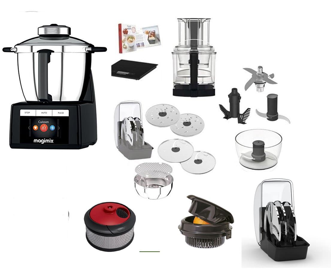MAGIMIX COOK EXPERT BLACK WITH MORE ACCESSORIES 1) JUICE EXTRACTOR KIT for juices,-2)CITRUS PRESS 2 cones provided for smaller fruits and larger fruits: 3)CREATIVE KIT ideal for julienne, Book of recipes in italian