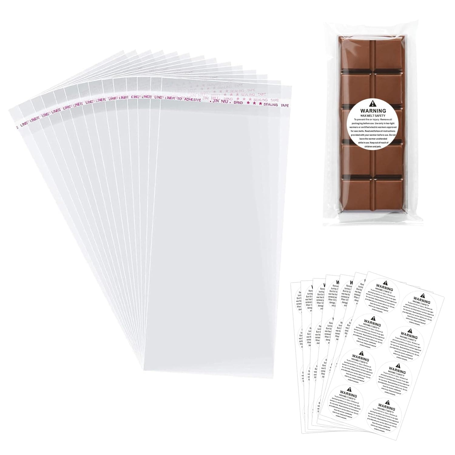 Wax Melt Packaging Snap Bar Bags, 100 Pcs Self-Adhesive Wax Melt Bags with 80 Pcs Wax Melts Warning Labels Safety Stickers, Glassine Bags for Wax Melts (2.36x7 inch)