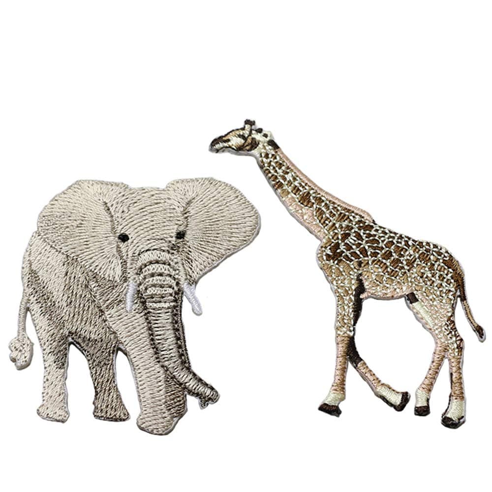 2 Pcs Embroidered Elephant & Giraffe Iron On Patches for Backpacks, Hats, DIY Sew on Applique Patch, Vintage Embroidered Patches for Repair Clothes, Jackets, Jeans