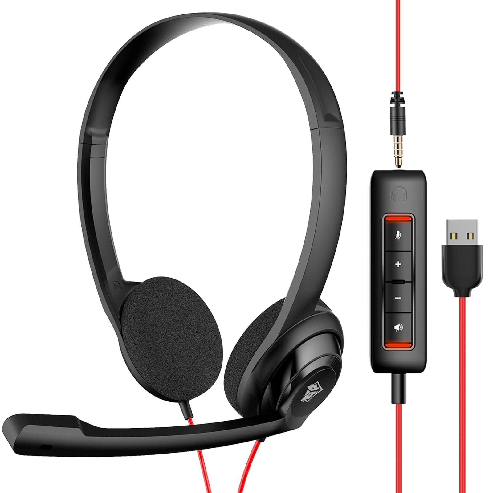 USB Headset with Microphone for Laptop PC, headphones with Noise Cancelling Microphone for Computer, On-Ear Wired Office Call Center Headset for Boom Skype Webinars, In-line Control, Lightweight