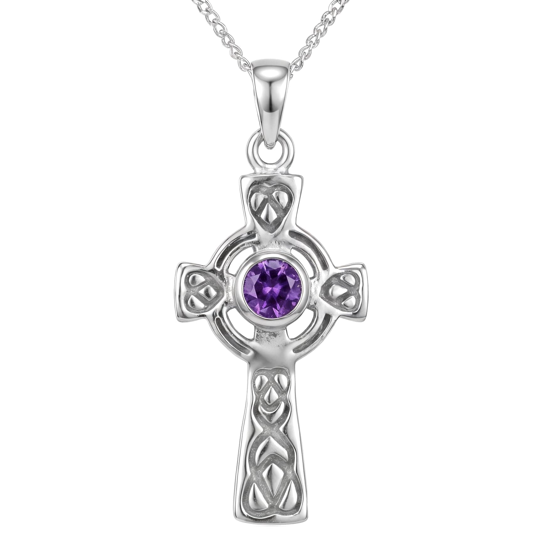 Solid 925 Sterling Silver & Amethyst Celtic Cross Pendant Necklace for Women with 18" Silver Chain & Jewellery Gift Box - 26mm x 14mm