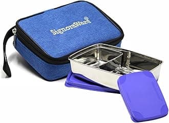 Compact Small Stainless Steel Lunch Box with Bag | Two Compartment Tiffin | Airtight Lid | Leak Proof | Useful for School & Picnics | for Office & School Use (150Ml + 550Ml | Violet)