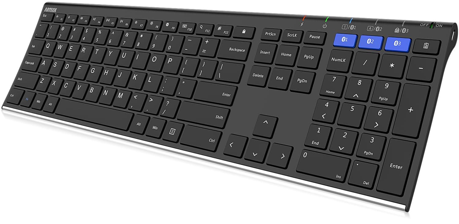 Arteck Universal Bluetooth Keyboard Multi-Device Stainless Steel Full Size Wireless Keyboard for Windows, iOS, Android, Computer Desktop Laptop Surface Tablet Smartphone Built in Rechargeable Battery