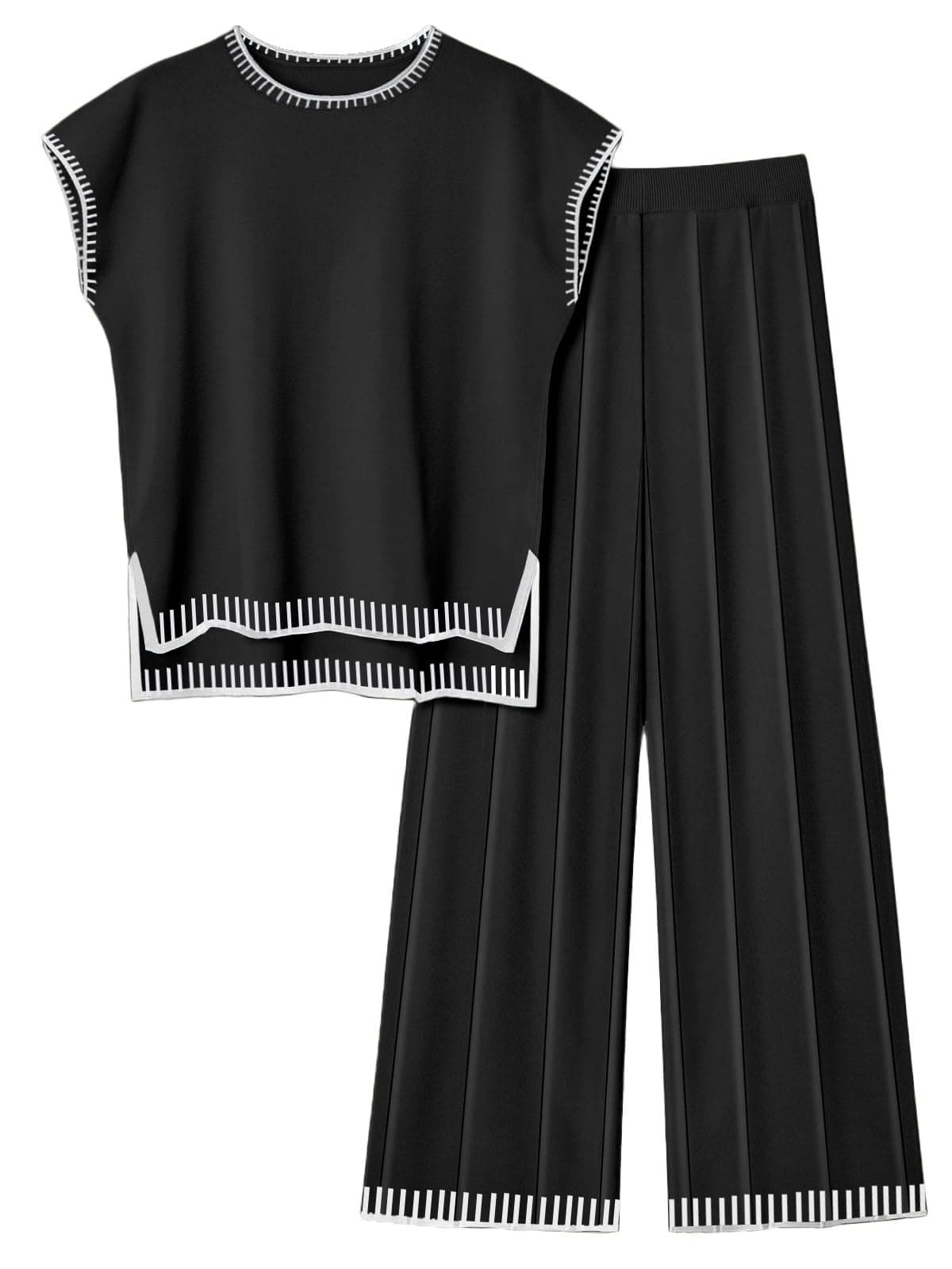 Womens Matching Sets Knit Sweater Sets 2 Pieces Outfits Pullover Tops Wide Legs Pants Lounge Set