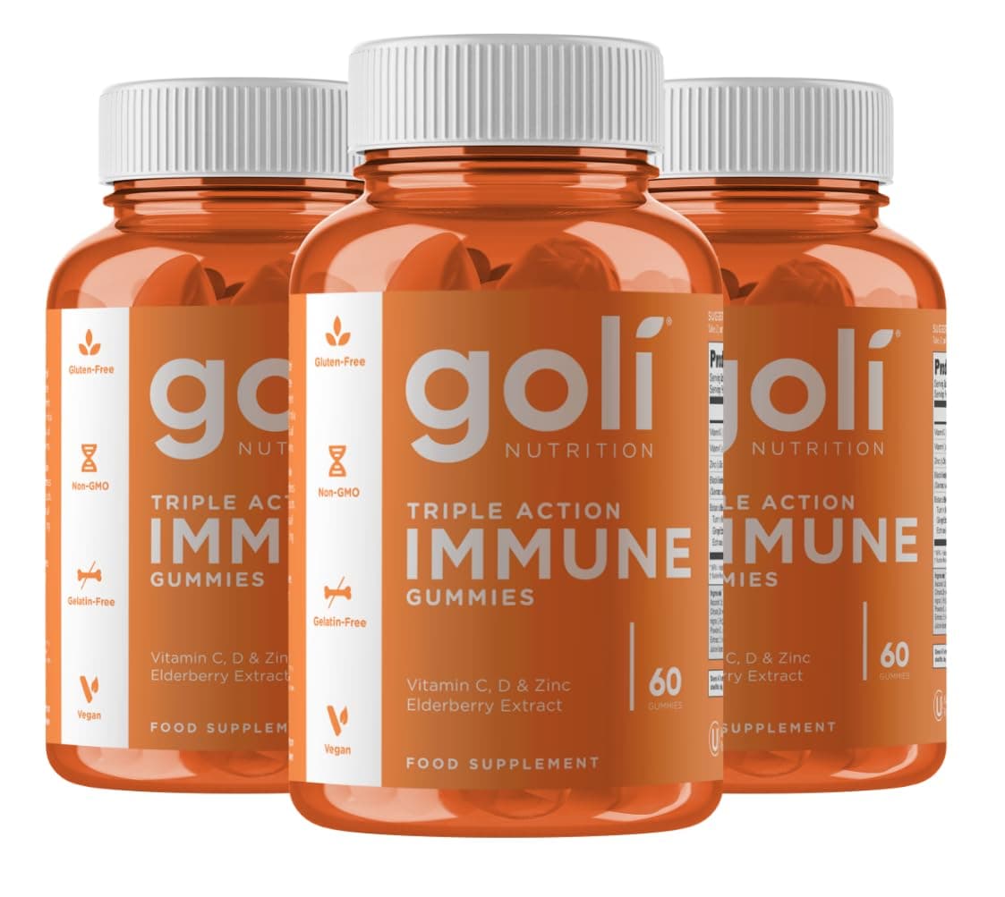Goli Triple Action Immune Gummies | Vitamin C, D & Zinc, Turmeric & Ginger | Immune Support Supplement | Vegan, Gluten-Free, Non-GMO | Orange Flavour for Adults & Kids | Pack of 3, 180 Gummies