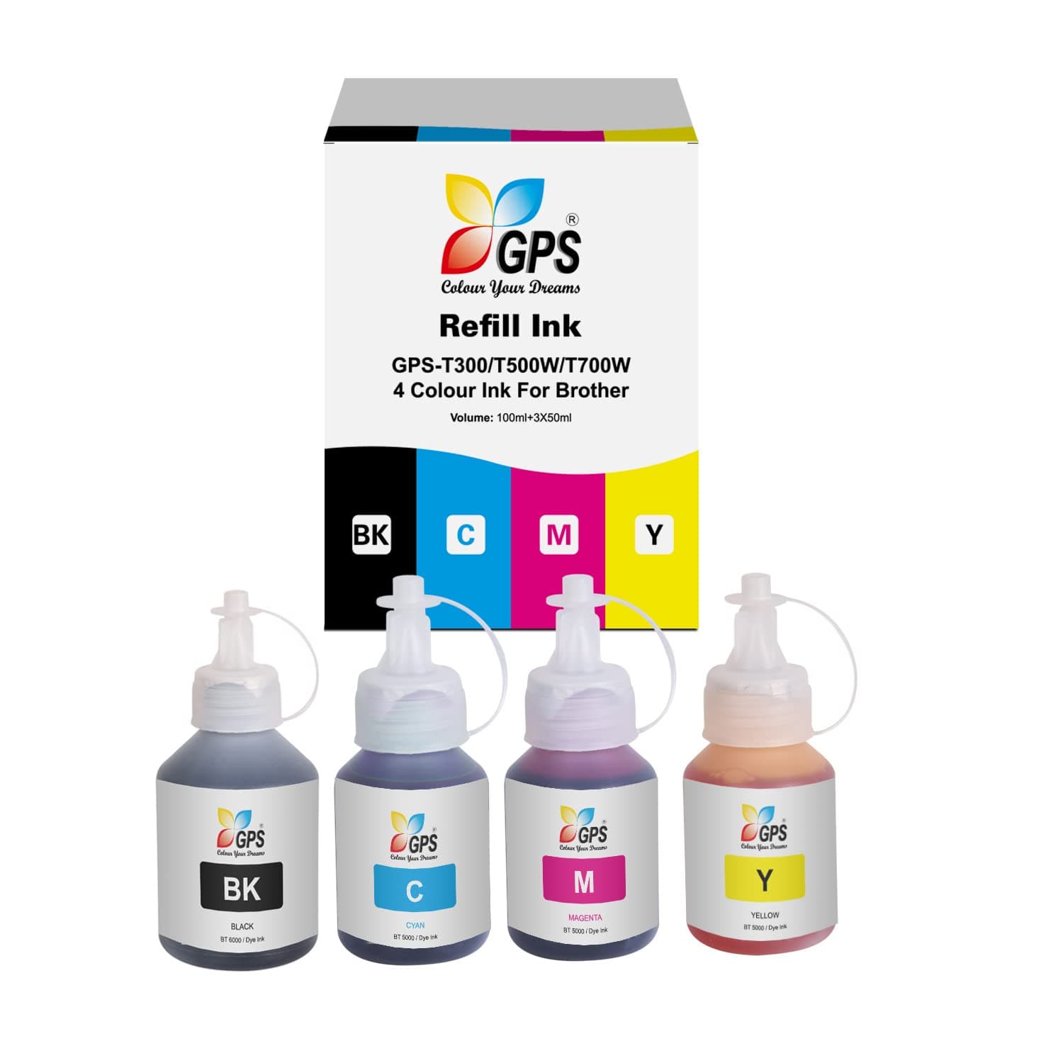 GPS Colour Your Dreams Refill Ink BT5000 CMY BT60BK Compatible for DCP- T220, T300, T310,T420, T500, T520, T700, T710 w, T800 W, T810 w, T820, T920, T510, T910, T4000W, T4500DW Printer (4 Color Set)