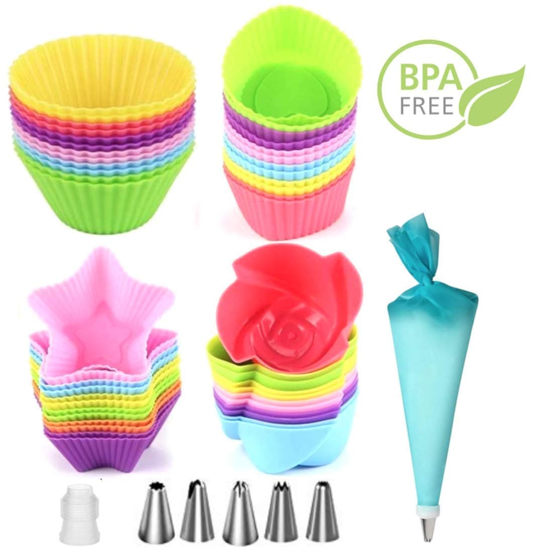 Silicone Cupcake Baking Cups Reusable Cupcake Liners - Silicone Muffin Liner Bakeware With Icing Piping Tips & Pastry Bag | Nonstick & Easy Clean Pastry Muffin Cupcake Molds | 4 Shapes, 24 Pieces