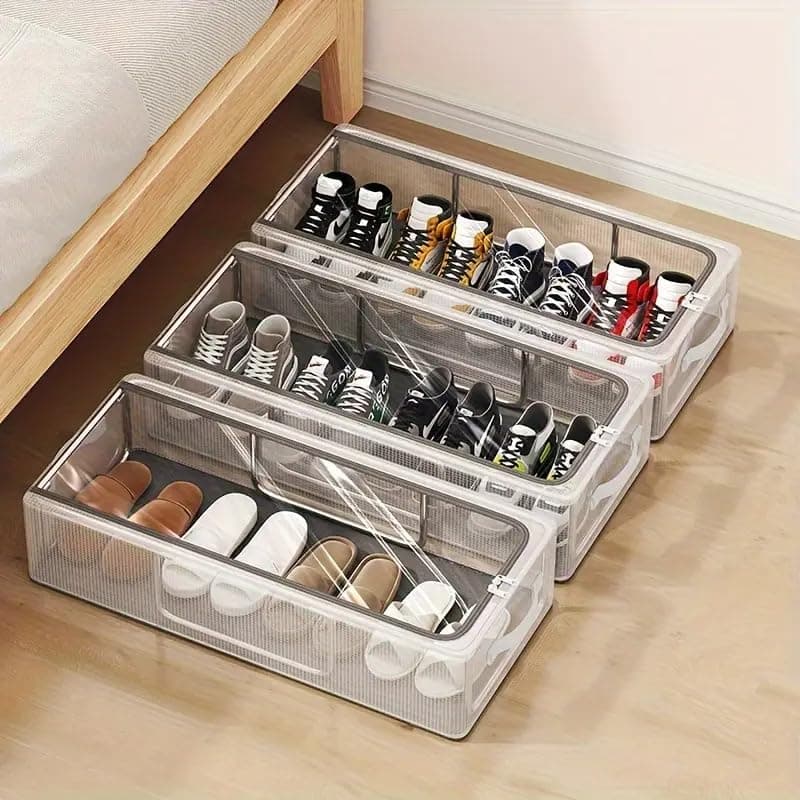 EVVIX Fabric Shoe Storage Bins Under Bed Shoe Storage Organiser Folding Under Bed Shoe Box With Transparent Lid Fits - Underbed Storage Solution, 60X30X15 Cm