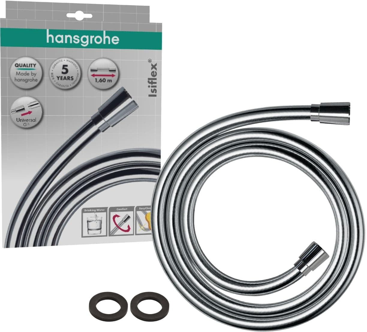 hansgrohe Isiflex shower hose 1.60 m, anti-kink and tangle free, chrome effect 28276000
