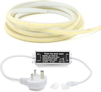 30M Warm White 3000K AC 220V-240V Seamless LED COB Strip Light with Flicker Free Power Supply, IP65 Waterproof, Cuttable Every 50CM [Energy Class F]