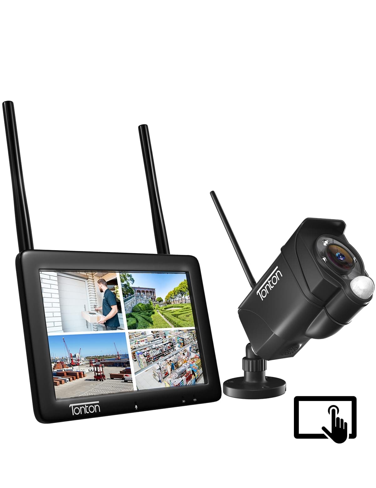 Tonton CCTV Camera System 7" Touchscreen Monitor, 4CH 5MP Security System with 1PCS 3MP Waterproof Outdoor IP Cameras, Color Night Vision, PIR Motion Detection, Work with Alexa, No SD Card Included