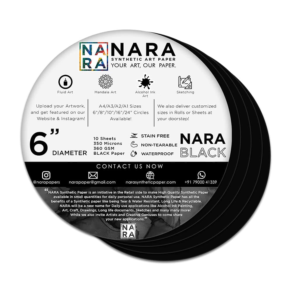 NARA®BLACK Paper for Alcohol Ink Painting | 6” Diameter Circle | 350 microns/360 GSM | Medium+ Paper | 10 sheets | 100% Stain-Free