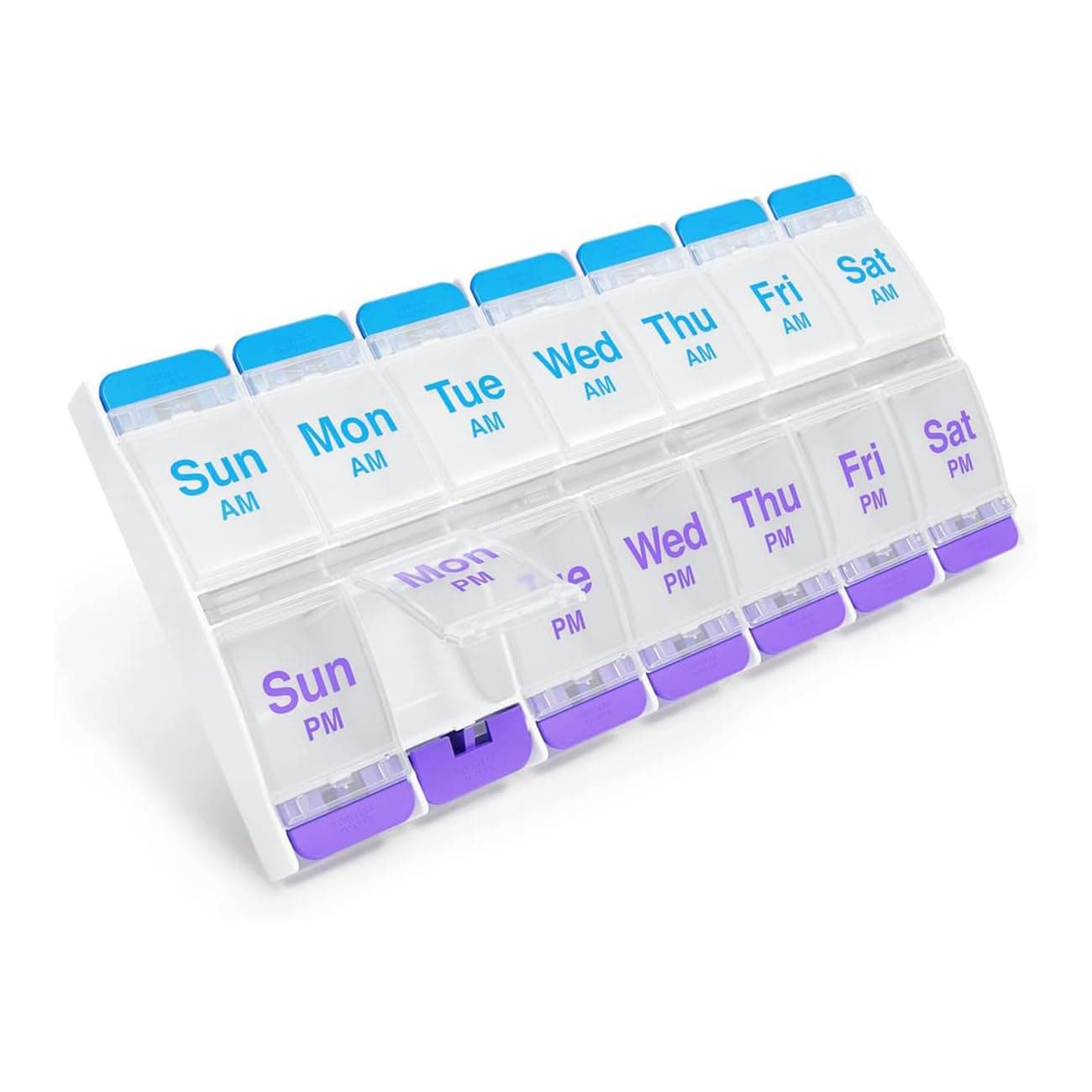 Push Button (7-Day) Pill, Medicine, Vitamin Organizer | Weekly, 2 Times a Day, AM/PM | Large Compartments | Arthritis Friendly | Clear Lids