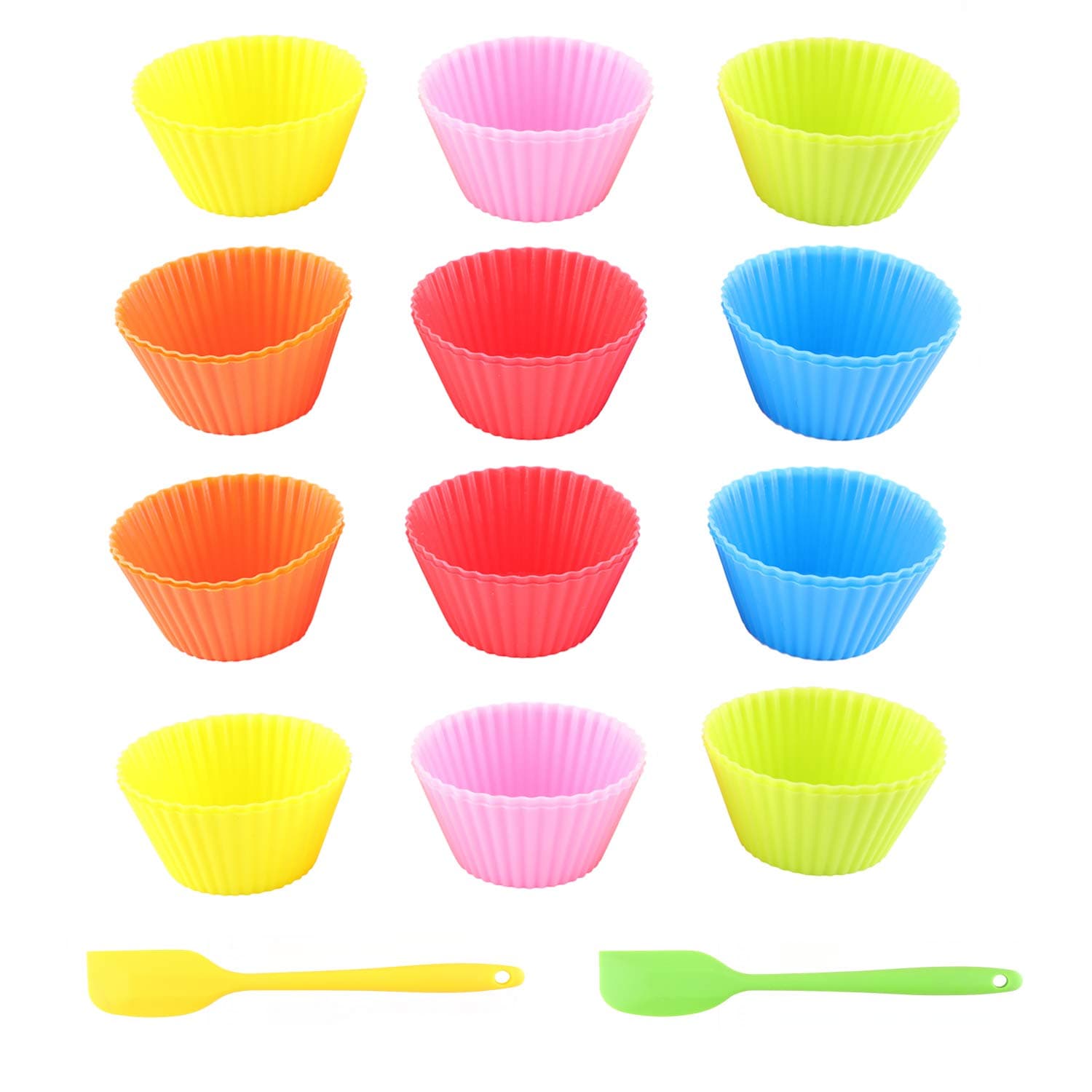 12 Pack Silicone Baking Cups with 2 Pack Silicone Spatulas, DesignerBox Large Reusable Silicone Cake Molds Cupcake Liners Tins Bread Moulds Muffin Cases (Set 1)