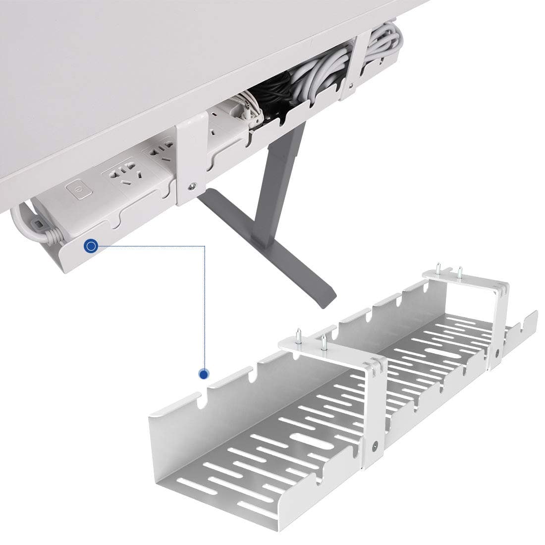 Under Desk Cable Management Tray, Metal Raceway Wires Cable Tidy Organizer Office and Home Cable Tray Use for Standing Desk (White)