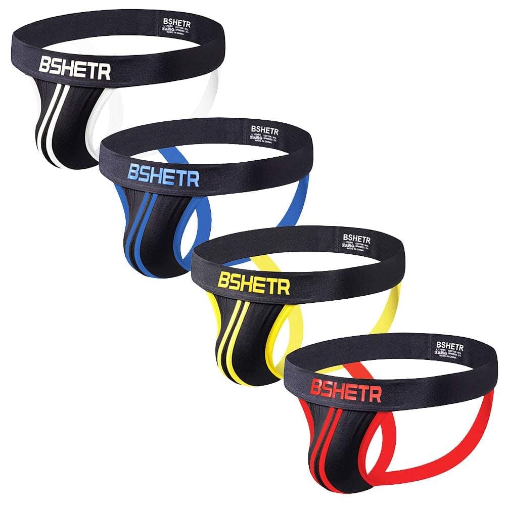 BSHETR Men's Underwear Jockstrap Athletic Supporters, 4-Pack Cotton Low Rise Stretch Multipack Performance Jock Strap