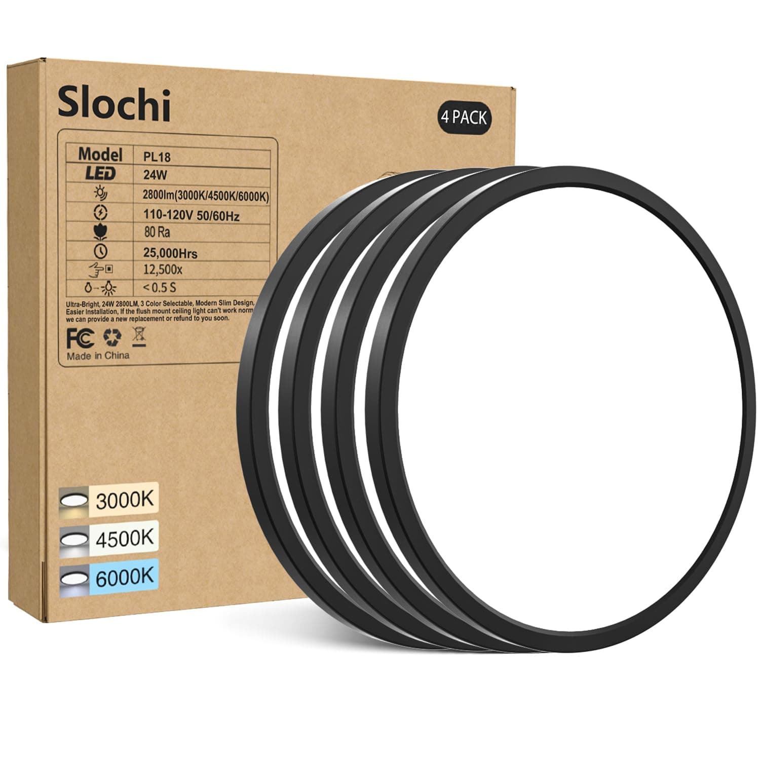 slochi 4PACK LED Flush Mount Ceiling Light Fixture Black, 9Inch 24Watt, 5000K Daylight Light, Ultra Slim Flush Mount Ceiling Lamp for Living Room, Dining Room, Hallway,NOT-DIMMABLE