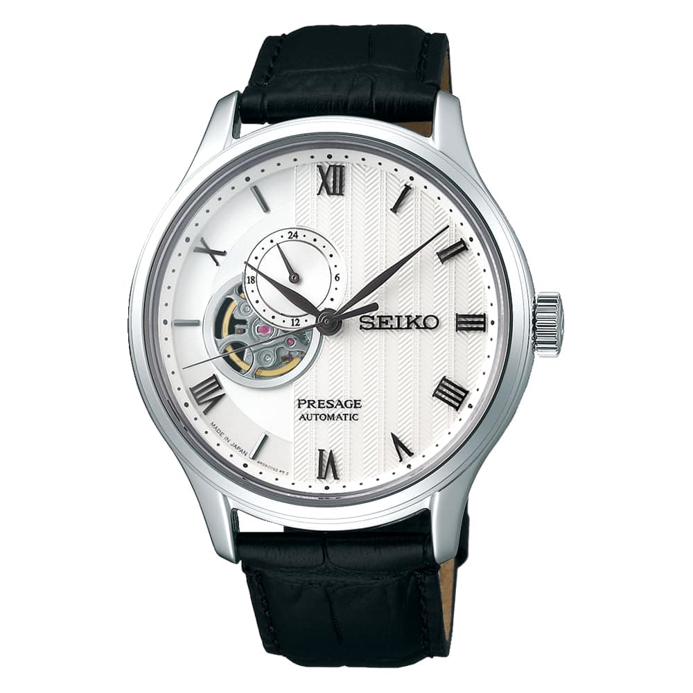 PRESAGE SEIKO watch stamped white dial semi skeleton Dyuarukabusafaiagarasu black leather band SARY095 Men