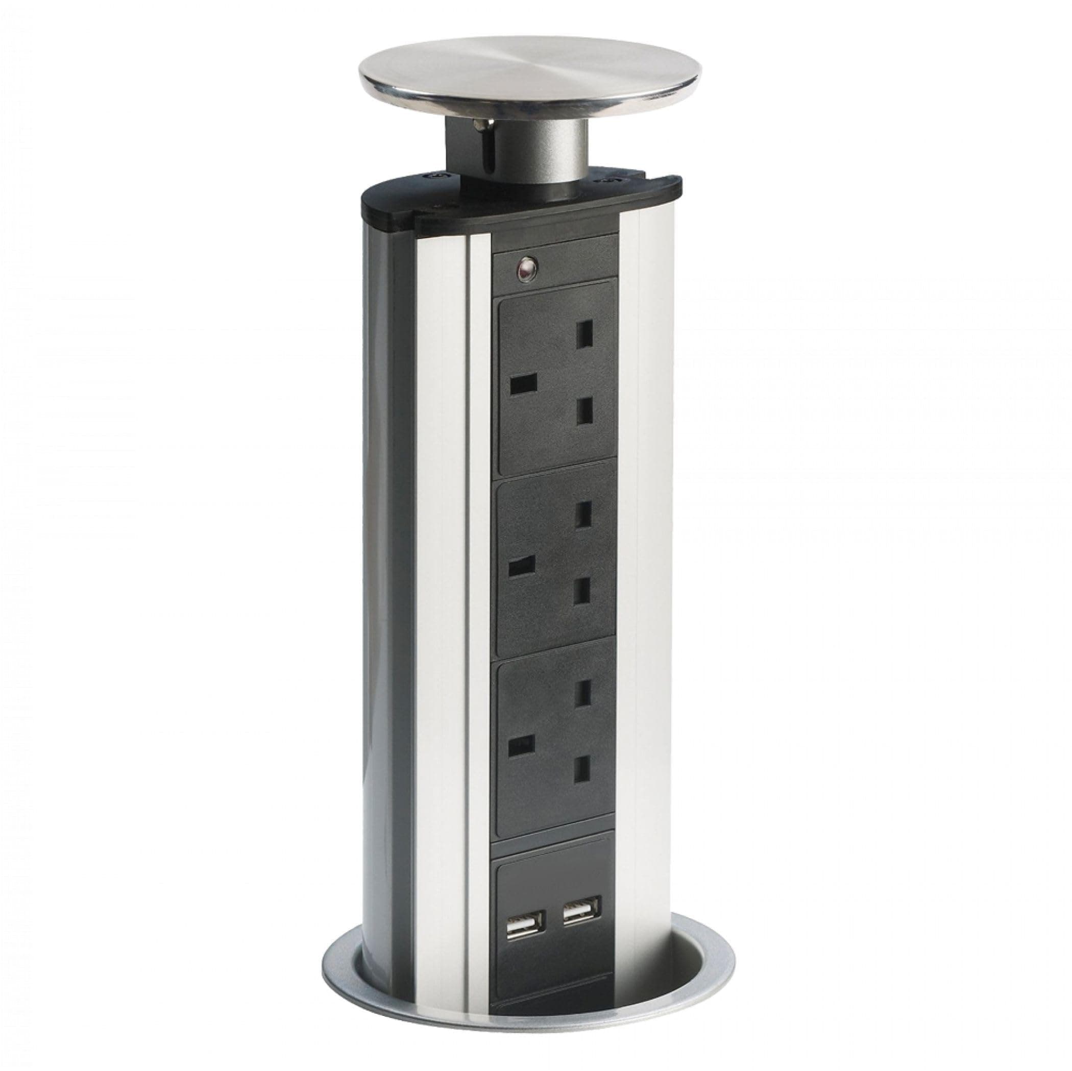Leyton POW-3SS 'Powerport' Pop-Up Socket and USB Charger, Includes 3 x UK Plug Sockets and 2 x USB sockets - New Stainless Steel Metal Top