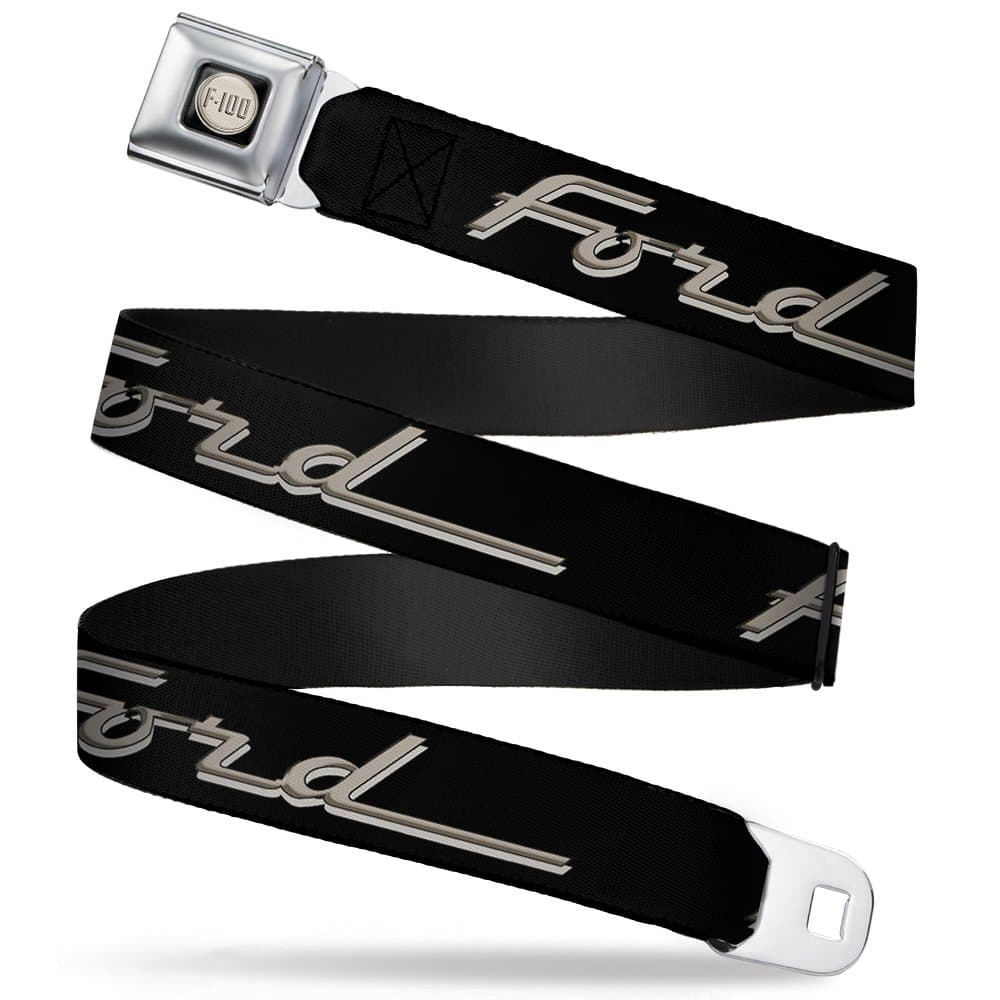 Buckle-Down Seatbelt Belt - FORD F-100 Script Black/Tan-Gray - 1.0" Wide - 20-36 Inches in Length