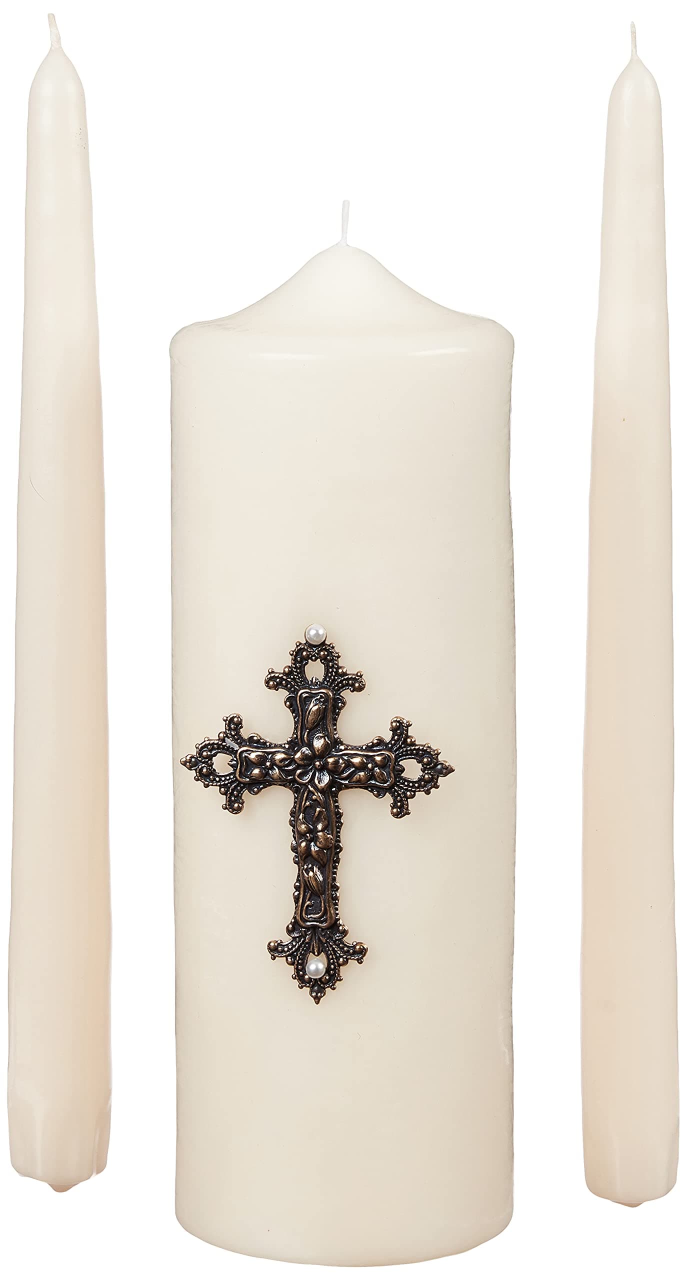 Wedding Unity 9-Inch Pillar Candle with Gold Metal Cross and Pair of 10-Inch Dripless Taper Candle Set, Ivory