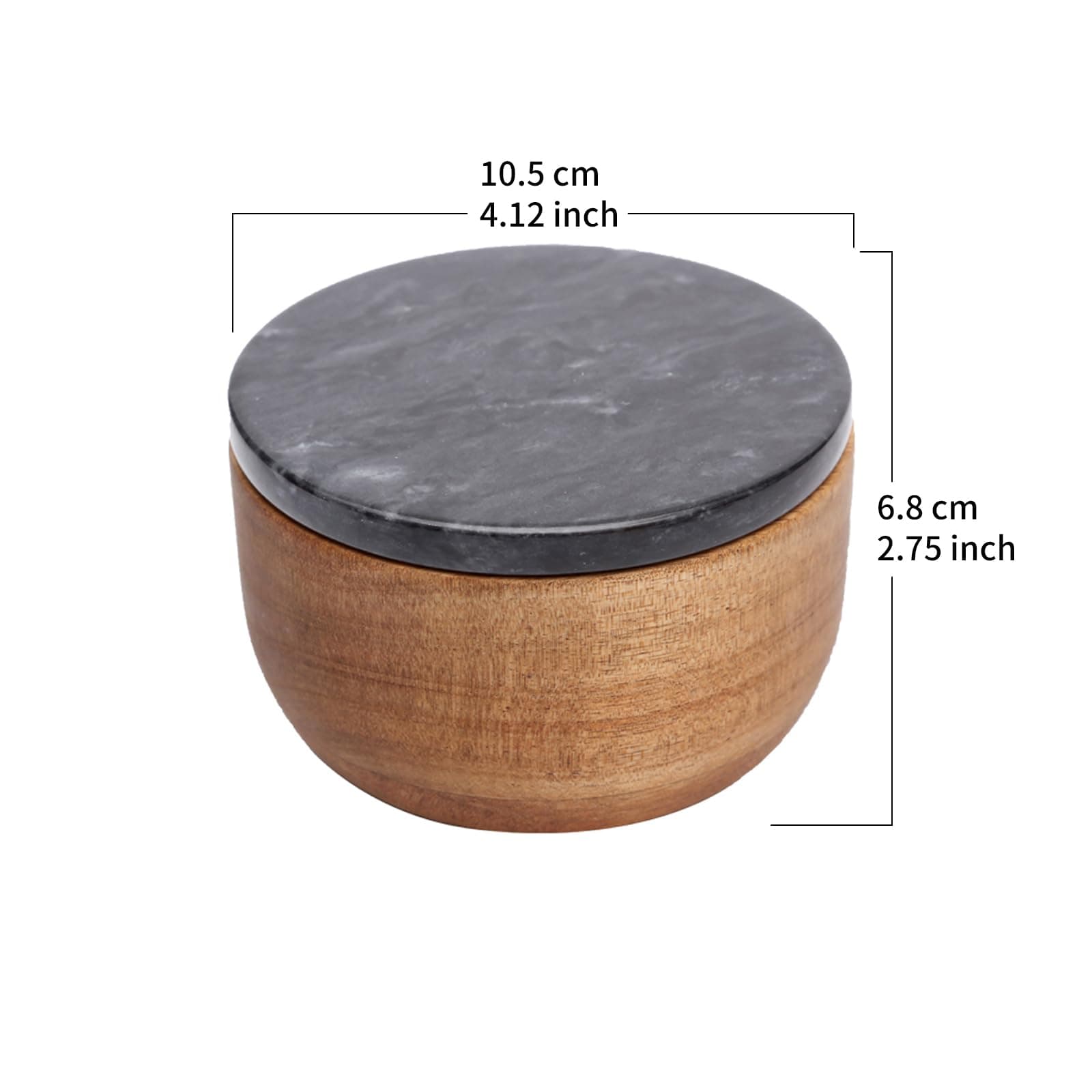 Large Acacia Wood Salt Cellar with Marble Lid - 10oz Heavy Salt Box Pepper Pinch Pot with Spoon - Natural Solid Wood Spice Container Decorative Black Marble Cover for Kitchen Counter