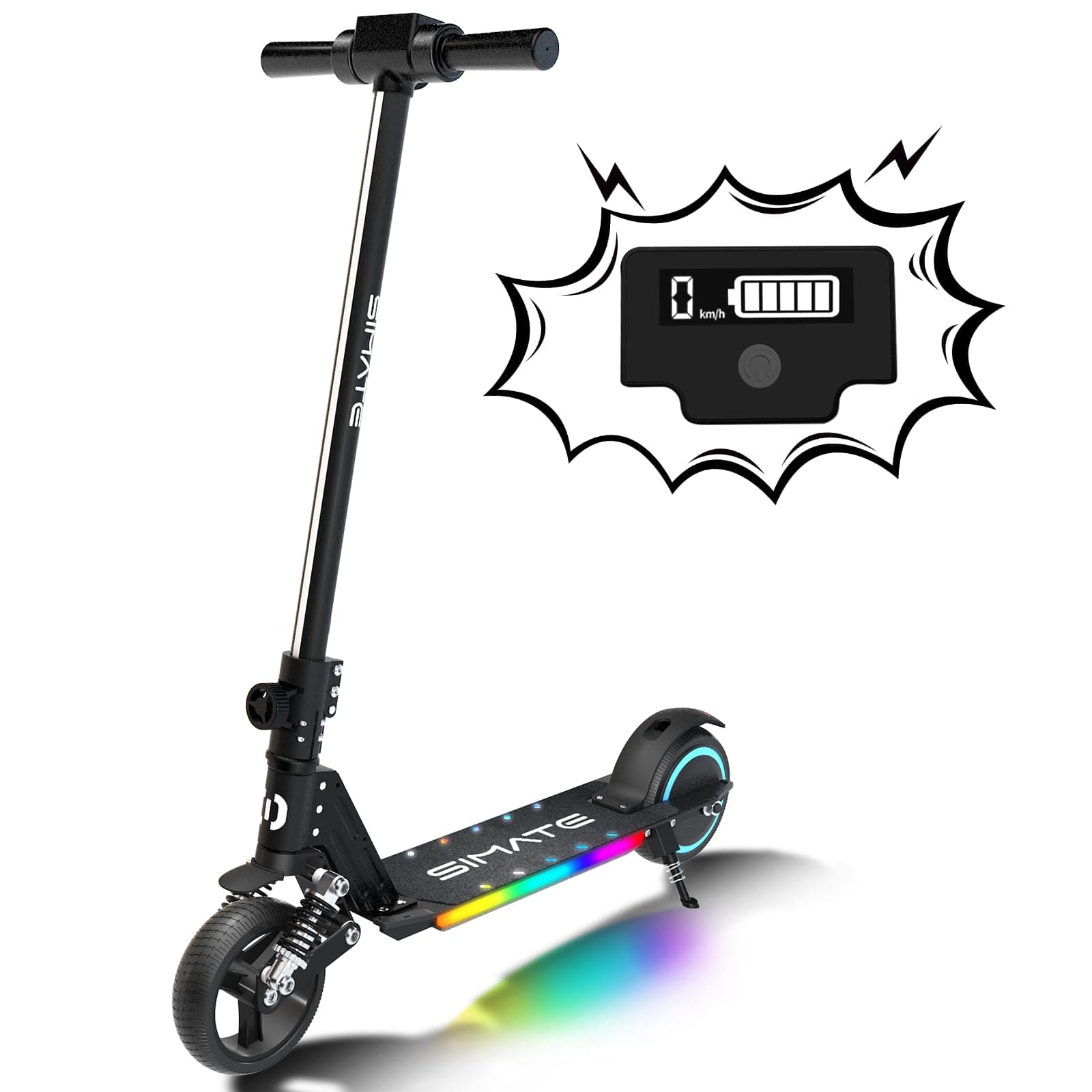 SIMATE Electric Scooter for Kids, Pro E-Scooters with White Front Light and Colorful Body Lights, LED Display & Foldable, Top 8.7mph & 5 Miles Range Power by 130W Motor, Gifts for Kids, Teens
