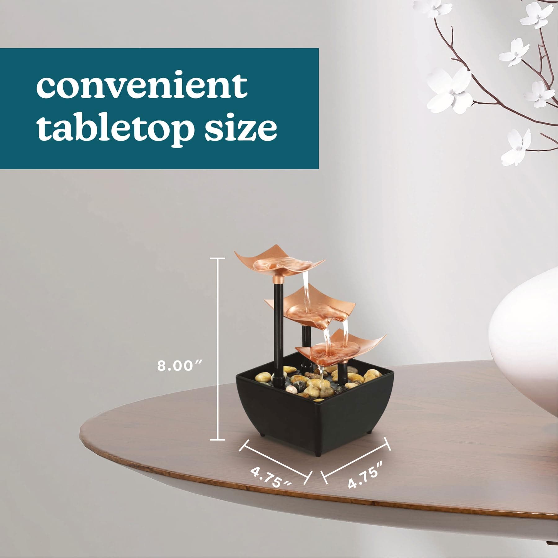 Homedics Golden Dew Relaxation Fountain – Tabletop Water Fountain with 3 Tiers, USB or 2 AA Battery Power, Natural River Rocks, and Quiet Pump for Soothing Zen Ambiance in Home or Office Decor