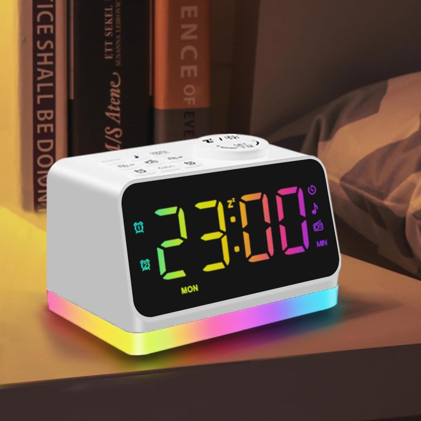 JALL Digital Alarm Clock with FM Radio for Bedroom 8 Colors Night Light with 2 Charging Ports Sleep Sound Machine with Timer Dual Alarm Loud Alarm Easy Gift for Elderly Children