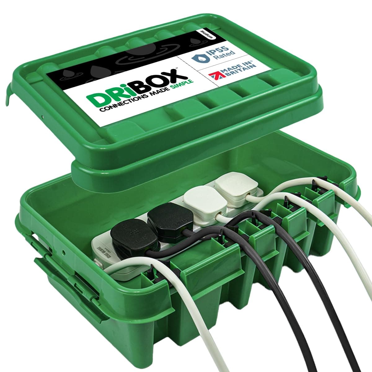 DRiBOX – Medium IP55 Weatherproof Outdoor Electrical Connection Box 34 x 22 x 11.7cm – Power Cord Enclosure for Christmas Lights, Timers, Extension Cables, Leads, Reels, Transformers (Medium, Green)