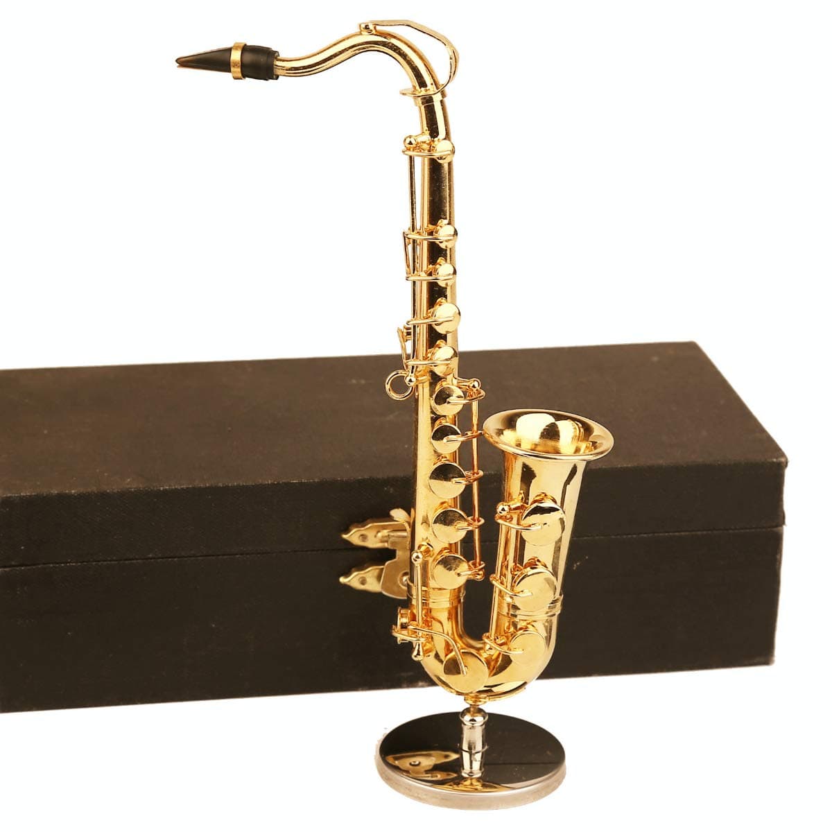 Miniature Saxophone with Stand and Case Brass Mini Musical Instrument Replica Collectible Figurines Dollhouse Accessories Model Home Decorations Ornaments (Tenor Saxophone, 6.22"x3.07"x1.12")