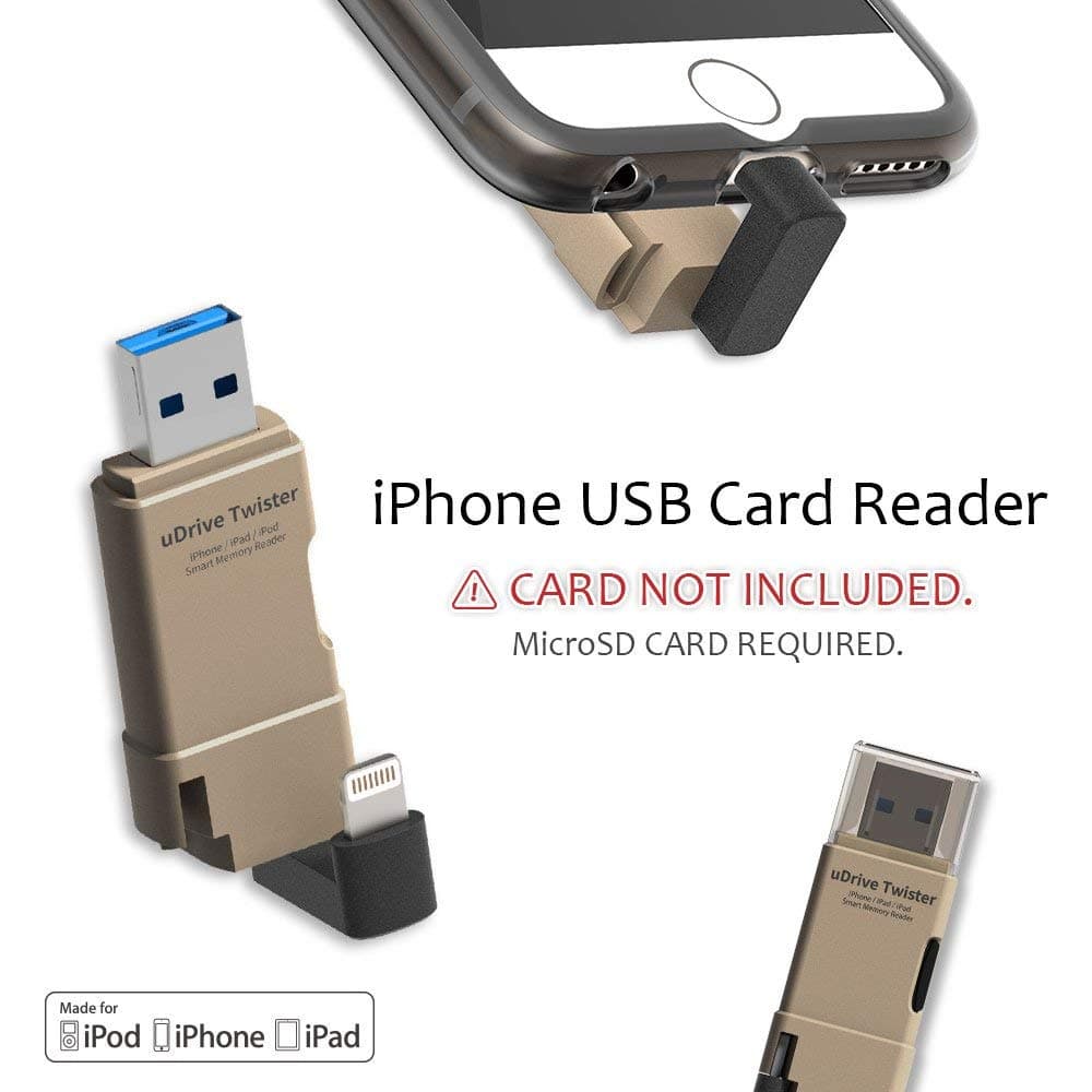 TEKQ Twister uDrive microSD USB 3.0 Lightning Card Reader for iPhone iPad, [MFi Certified] for Memory Expansion, Android Mac and Windows PC (0/32/64/128GB/256GB) (0 G, GB)