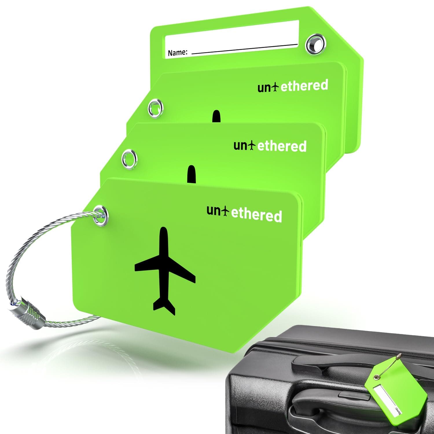 Untethered 4-Pack Luggage Tag Set | Durable Luggage Tags for Suitcases & Travel Bags | Bag Tag & Name ID Identifiers | Suitcase Tags for Easy Luggage Identification, Green, Green | Silicone, Green |