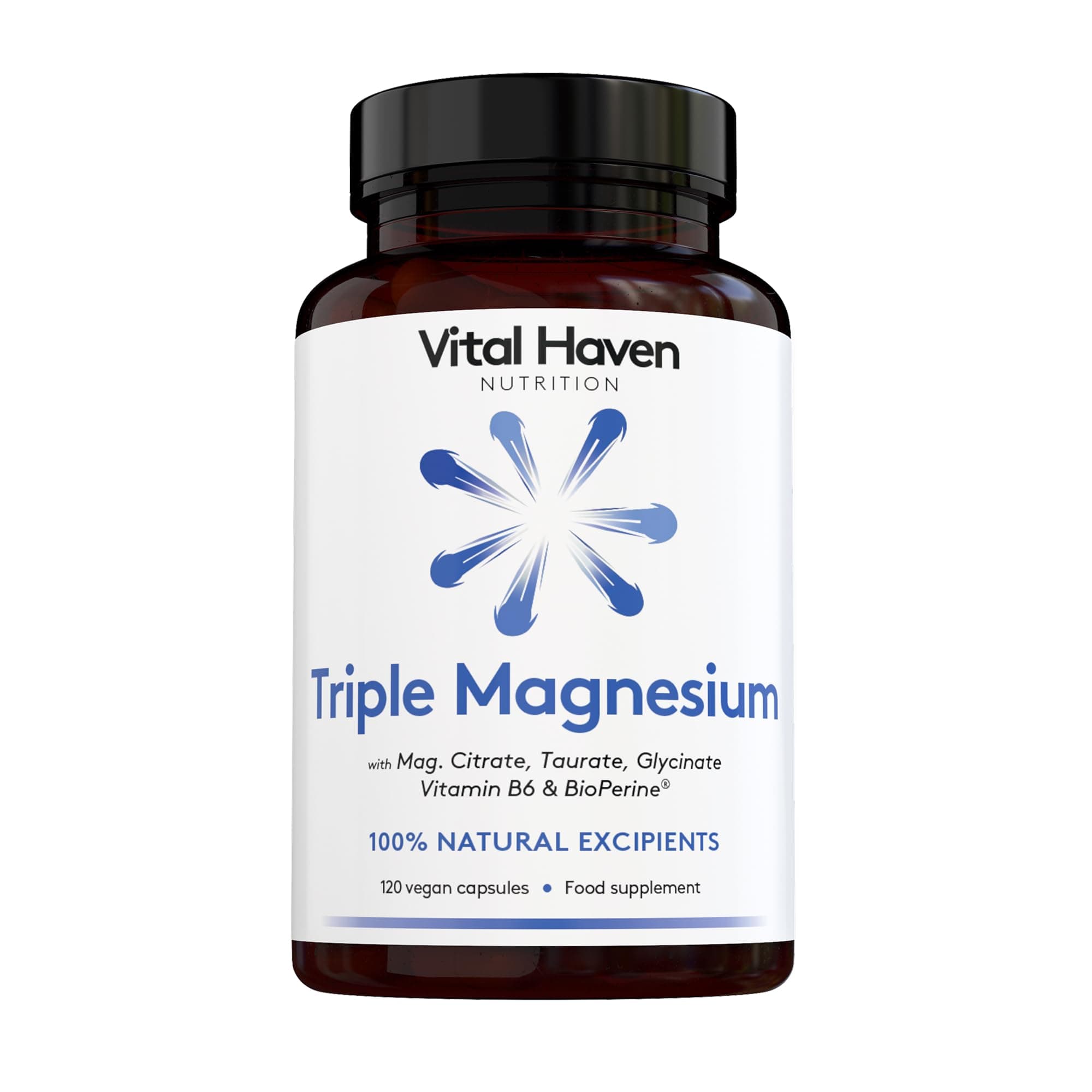 Magnesium Supplement - Citrate + Glycinate + Taurate with Vitamin B6 and BioPerine - 2 Capsules - UK Made