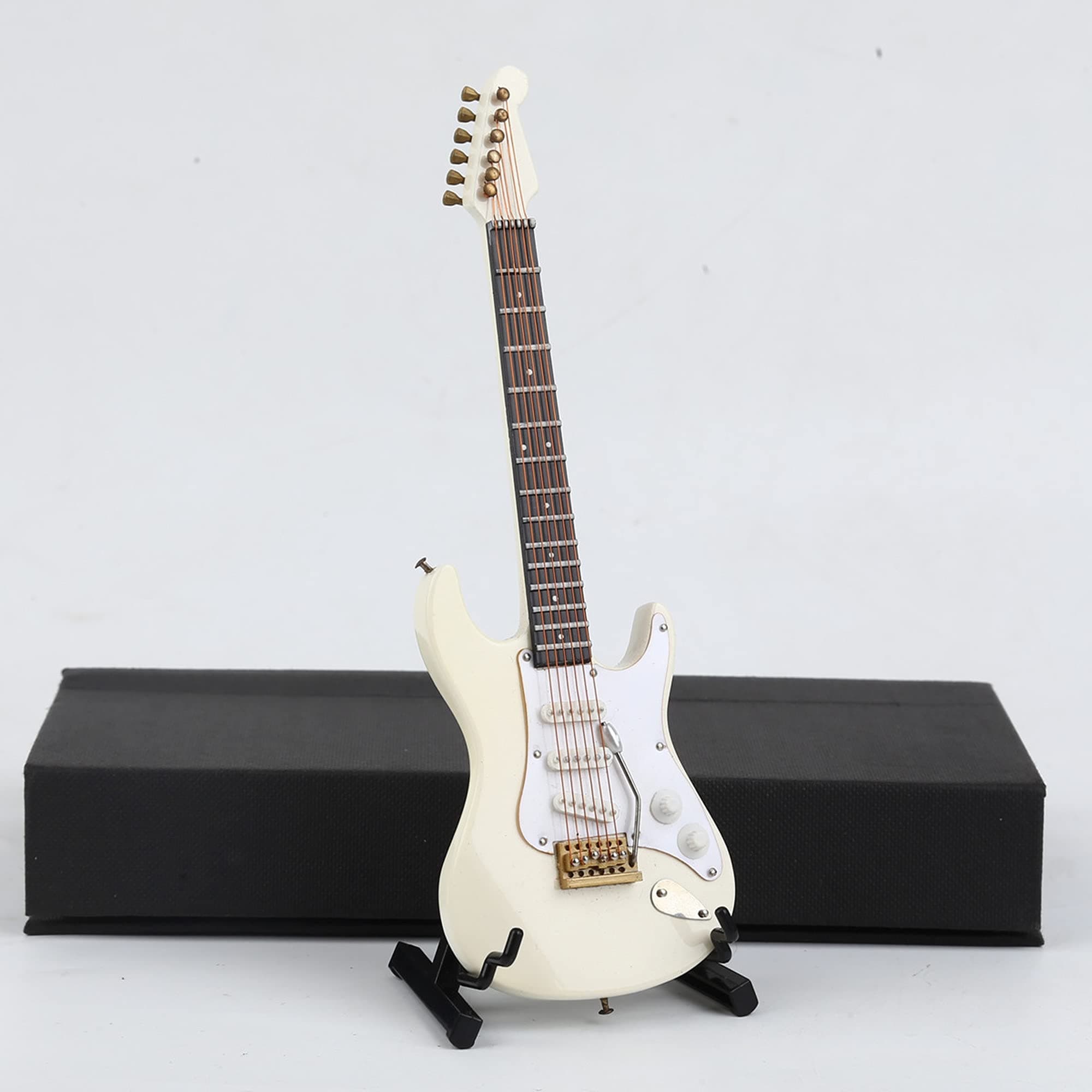 Wooden Miniature Electric Guitar with Stand and Case Mini Musical Instrument Electric Guitar Replica Collectible Figurines Model Home Decoration Display Ornament (White, 7.09"x2.27"x0.54")