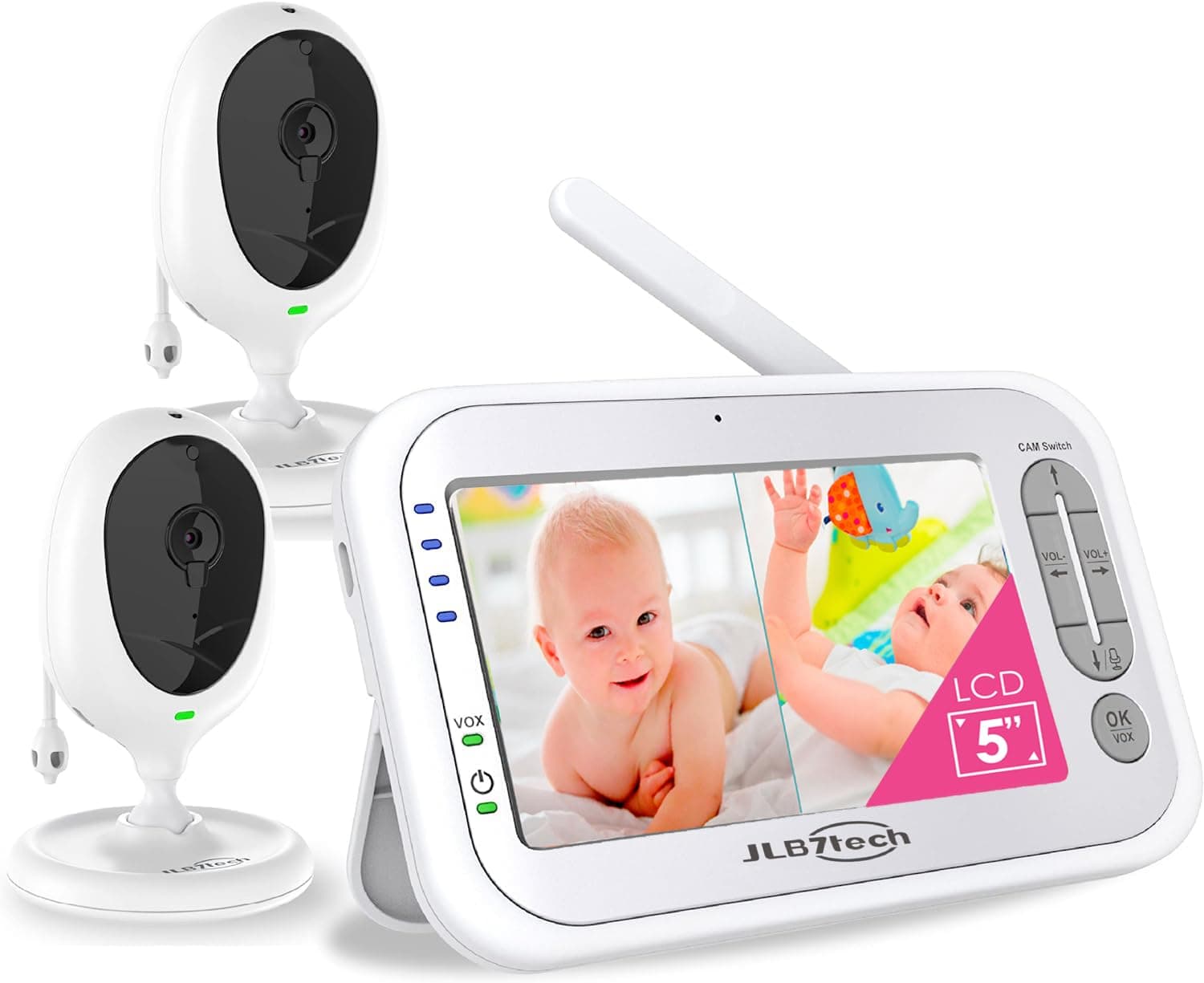 5" Large Split Screen Video Baby Monitor with 2 Camera - Large Screen,Portable,Long Range,No WiFi,Auto Night Vision,Timer Setting,Lullabies,Power Saving Voice Activation,3000mAh Battery