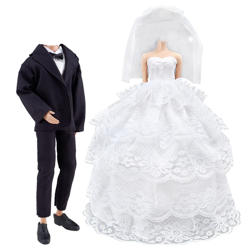 E-TING Wedding Pack, Beautiful Gown Bride Dress Clothes with Veil and Groom Formal Outfit Business Suit for Barbie Ken Dolls Gift