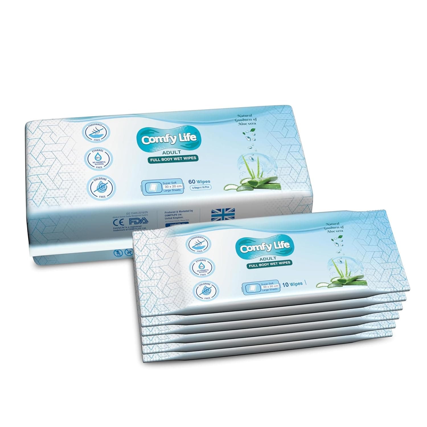 Comfy Life Premium Full Body Cleansing Wet Wipes For Adults - Large Luxury Fresh-feel Rinse-free Fragrance-free Bed Bath Incontinence Hygiene Intimate-care Soft Sheets (10 count (Pack of 6))