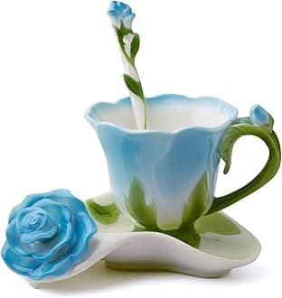 YBK Tech Creative 3D Rose Bone China Ceramic Coffee Mugs Afternoon Tea Cup and Saucer Set (Blue)