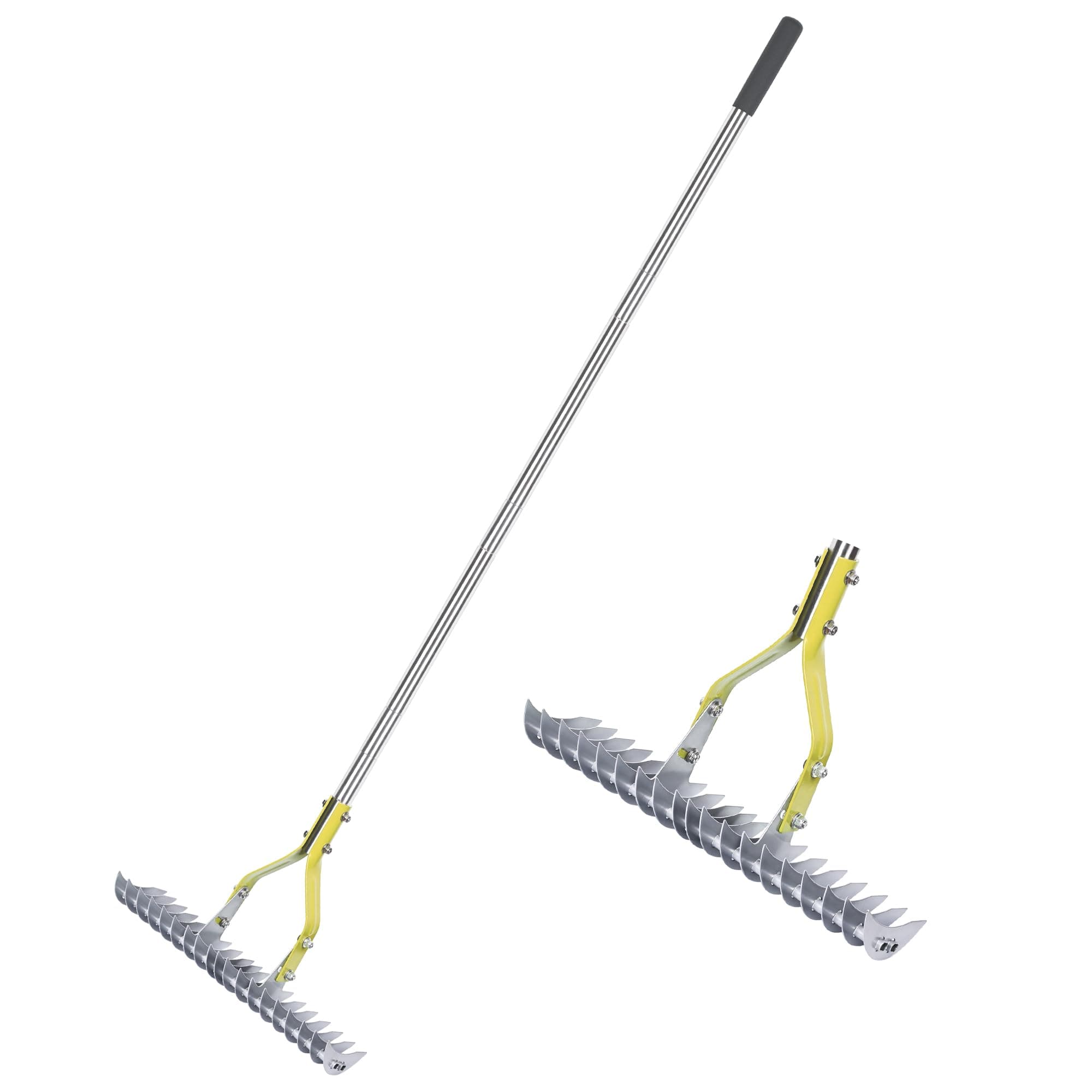 Thatch Rake, Lawn Rake with 148cm Adjustable Long Handle Robust Garden Leaf Grabber Made of Carbon Steel, Multi-Purpose Thatching Rake for Weeding, Loosening Soil ,Cleaning Dead