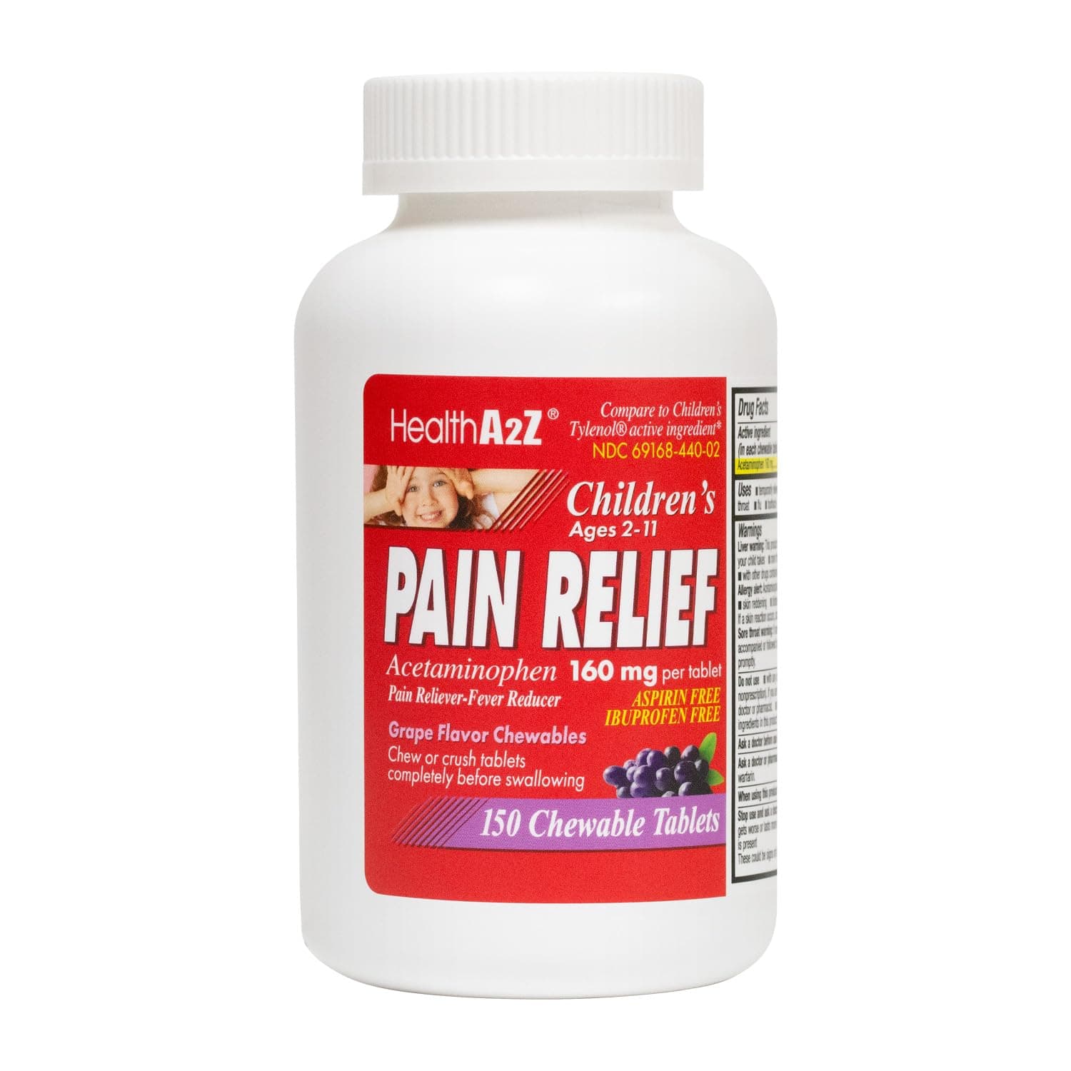 HealthA2Z® Children’s Chewable Pain Relief | Acetaminophen 160mg | Grape Flavor | Fever Reducer & Pain Reliever | Aspirin & Ibuprofen Free | 150 Counts