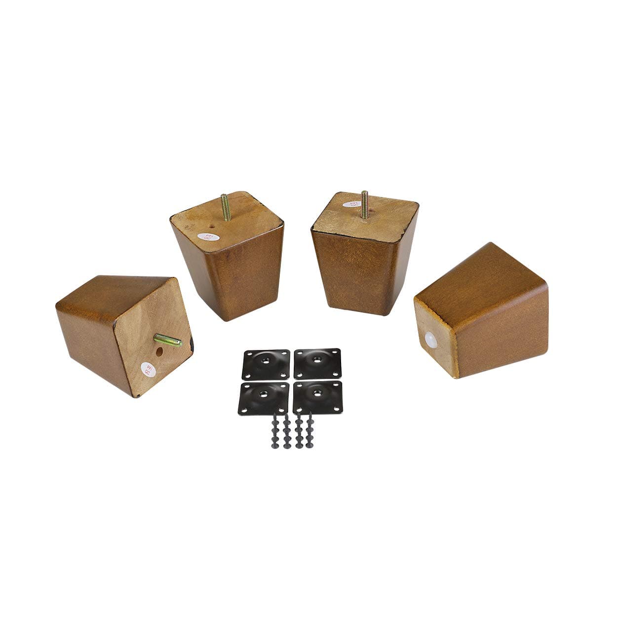 ProFurnitureParts 4" Inch Medium Walnut Finish Square Tapered Pyramid Wood Sofa Legs Set of 4 W/Leg Plates