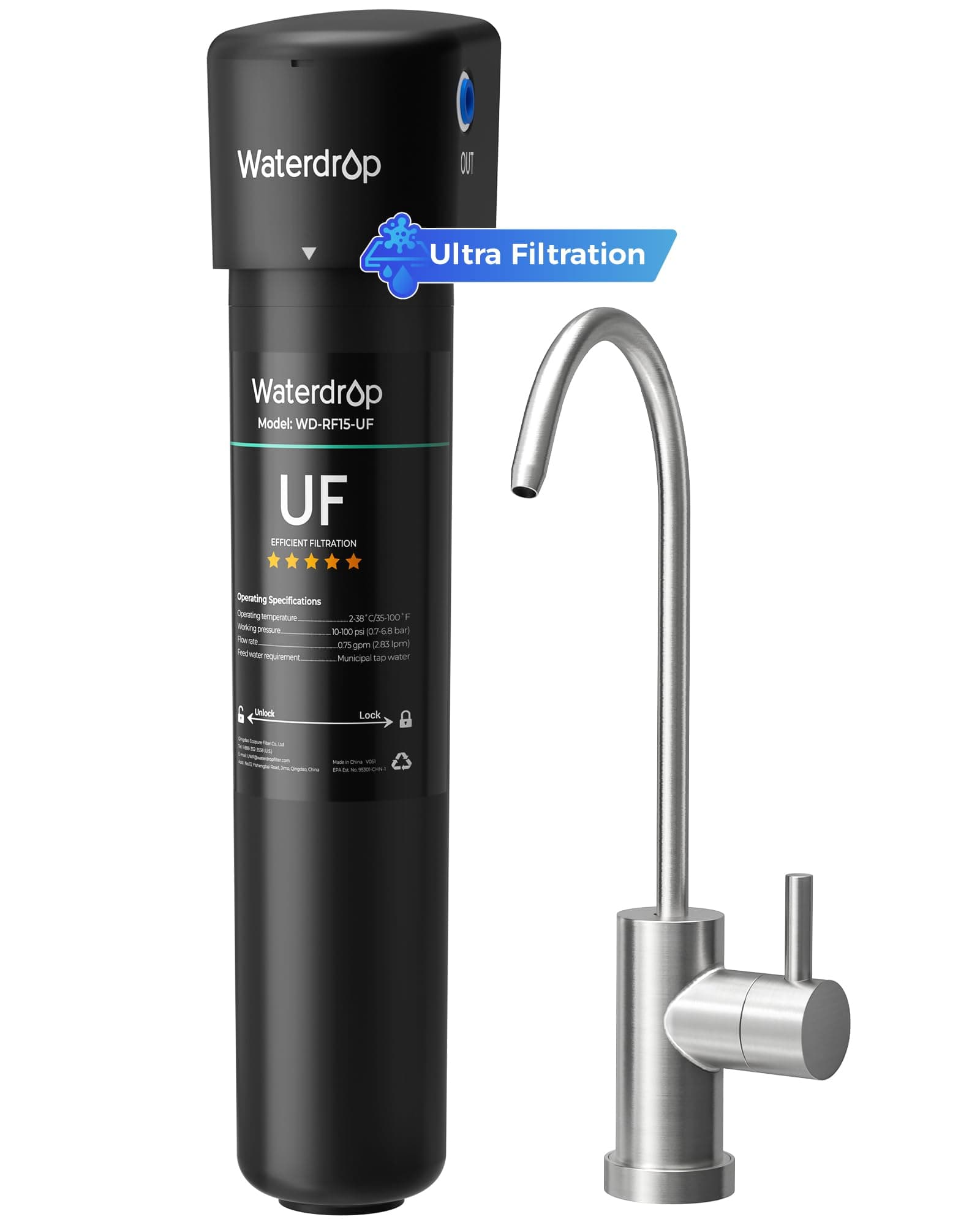 Waterdrop 15UB-UF 0.01 μm Ultra Filtration Under Sink Water Filter System, Reduces Lead, Chlorine, Bad Taste & Odor, 2 Years, with Dedicated Brushed Nickel Faucet, USA Tech