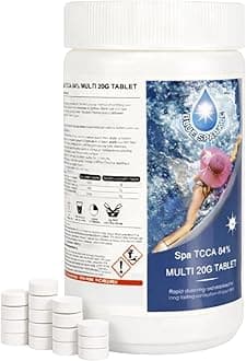 1 Kg Multifunctional Chlorine Tablets 50 x 20g Slow Release, 4 in 1 Sanitiser Stabiliser Algaecide and Clarifier Dispenser Tablets for Hot Tubs, Swimming Pools, Spas and Paddling Water Cleaning