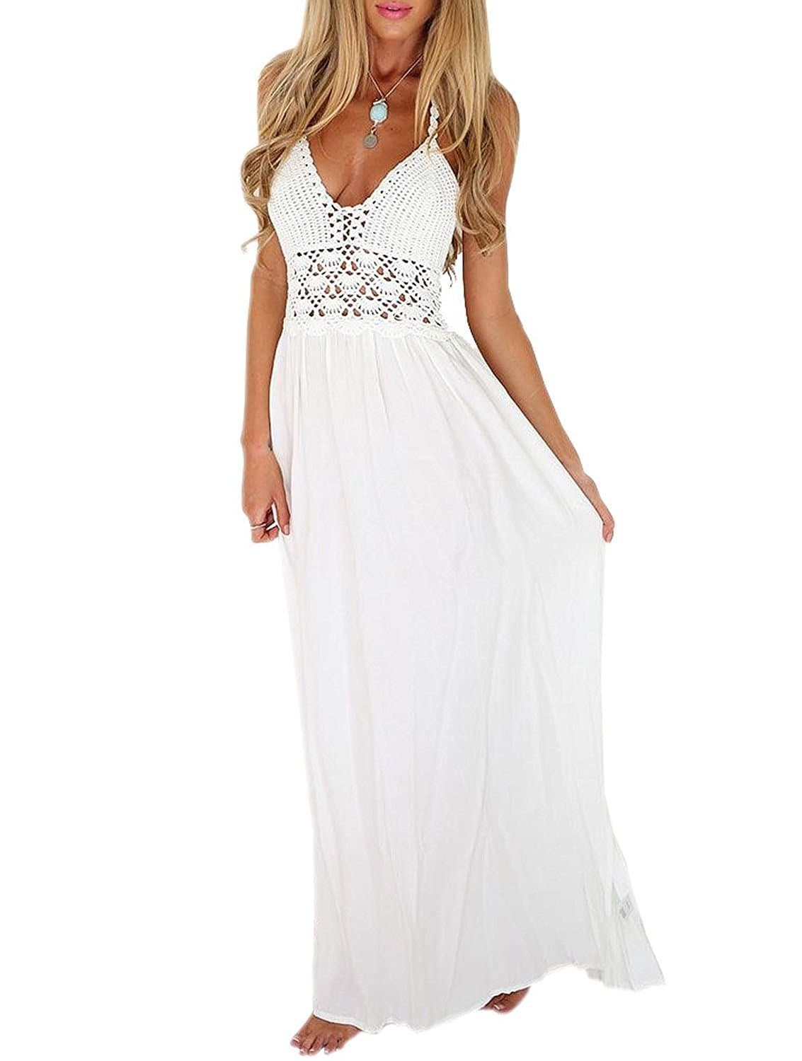 HIYIYEZI Women Sleeveless Boho Halterneck A-Line Evening Party Dresses (White L)