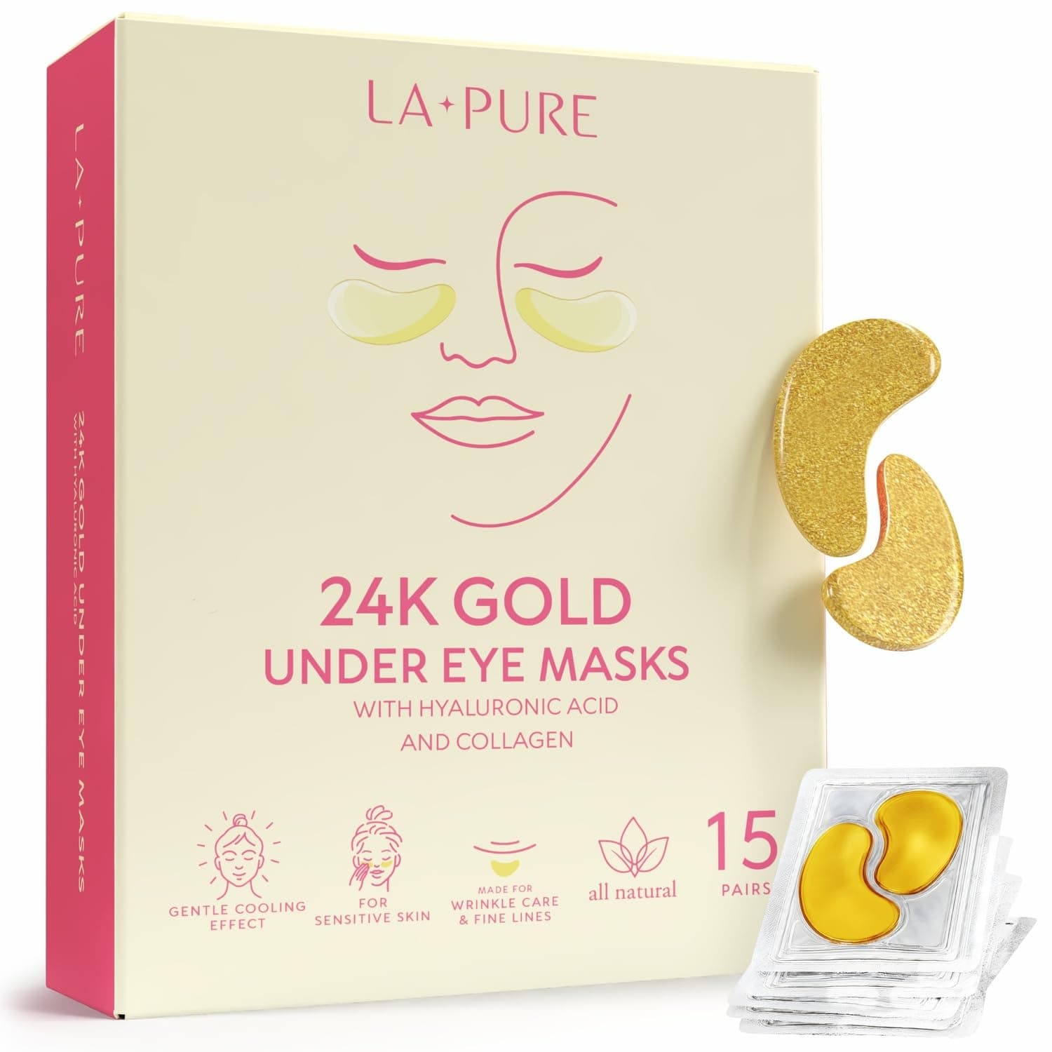 24K Gold Eye Treatment Mask | Eye Masks for Dark Circles, Anti Wrinkle Treatment, Under Eye Gel Pads, Eye Mask for Puffy Eyes, Skincare, Hydrating, Gifts for Women | 15 Pairs (Pack of 1)