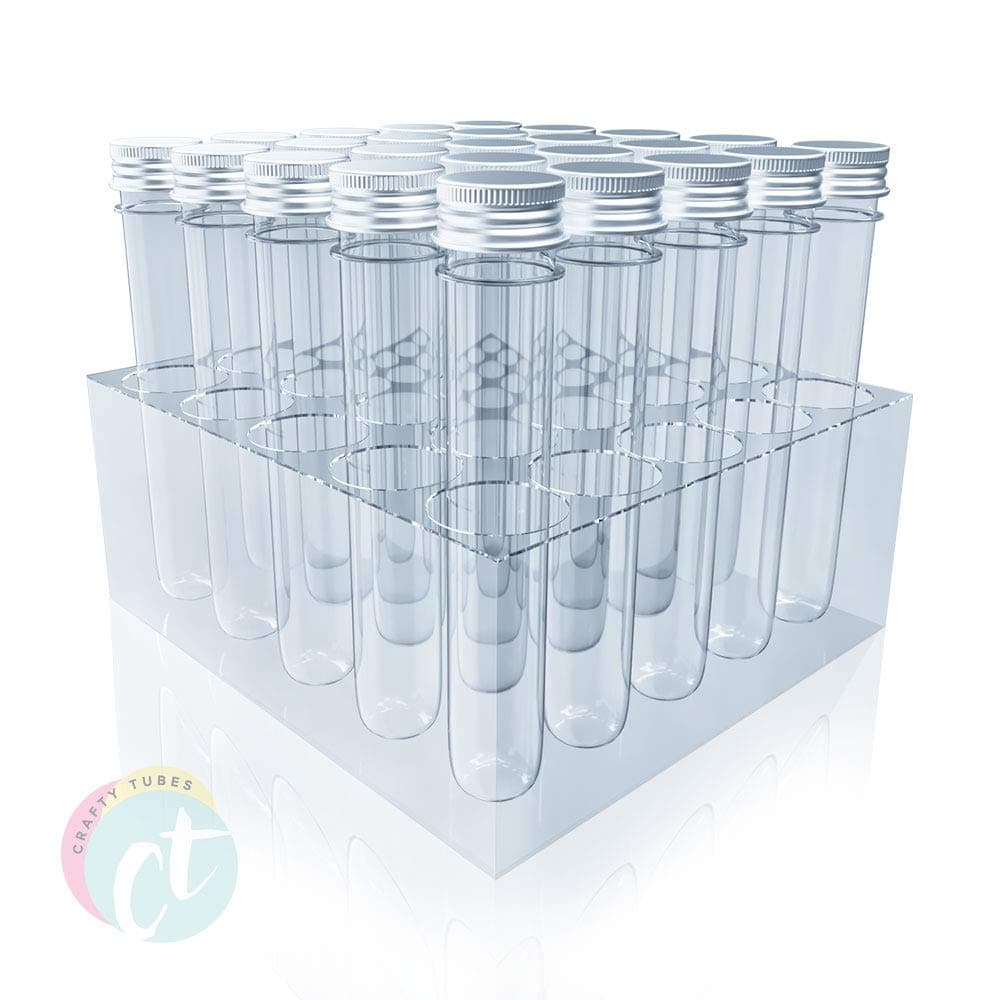 Extra Long Clear PET Plastic Test Tubes Beaker Set w Thin Rack Holder 32 Blank Labels 25 Pieces 25 x 165mm (60ml) - Beads, Candy, Craft Storage Organization, Wedding Party Favor - by Crafty Tubes