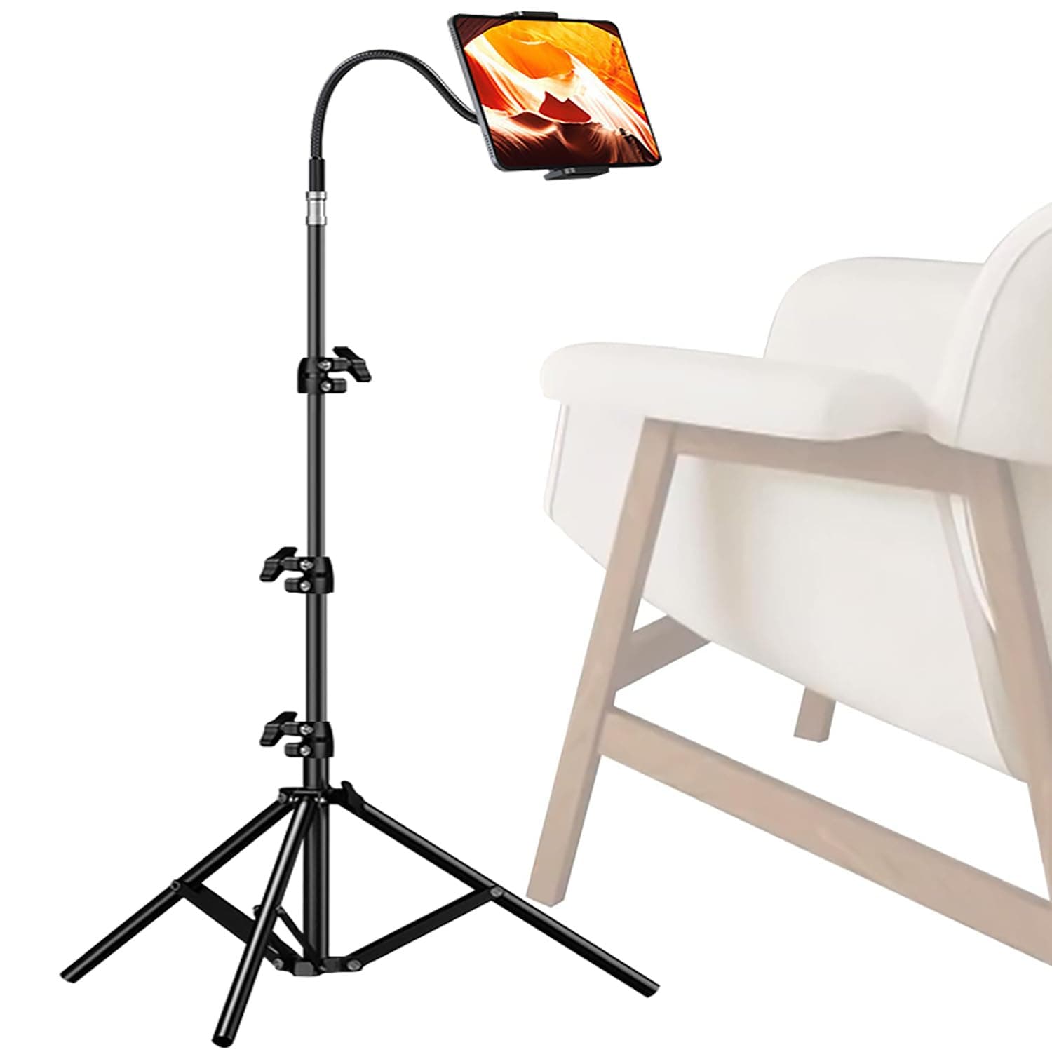 Gluckluz Tablet Floor Stand Adjustable iPad Tripod Holder Metal Tablet Mount with 360° Rotatable Gooseneck & 50-160cm Adjustable Height for 3.5-10.6" iPad, iPhoneX, Samsung Tab, Kindle, Cellphone