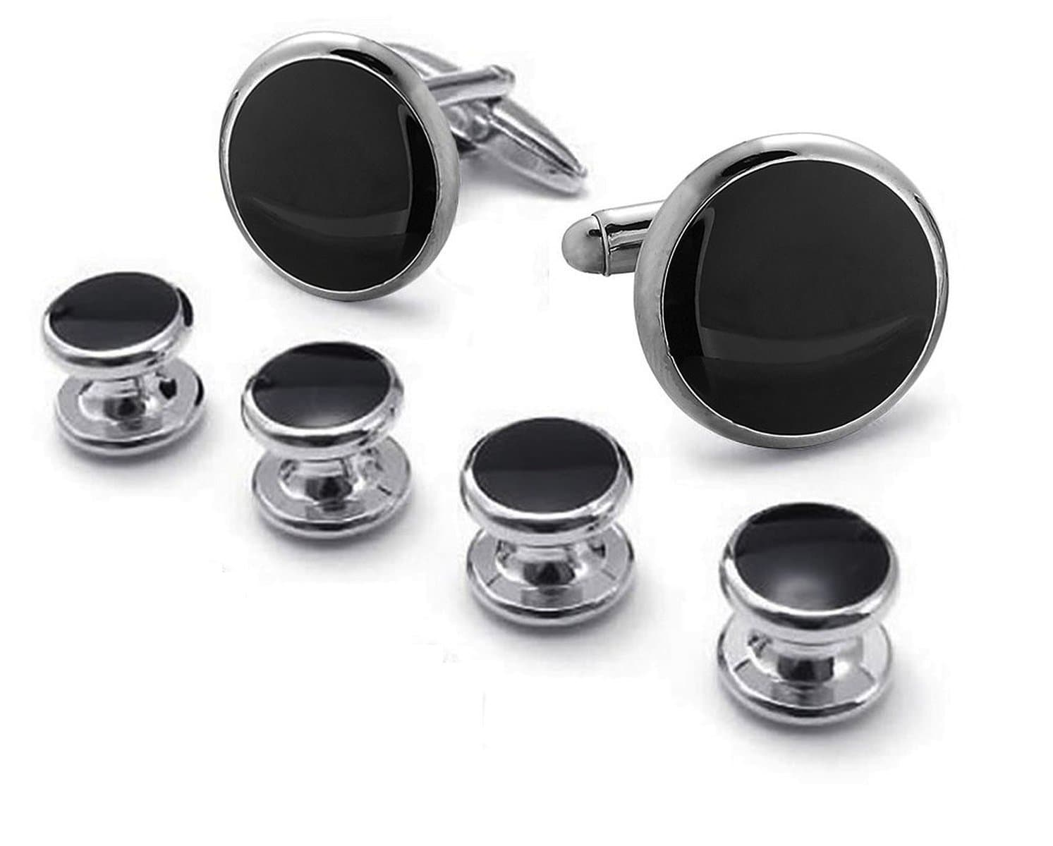 Puentes Denver Black Tie Event Cufflinks and Tuxedo Shirt Stud Sets Silver Tone and Agate in Gift Box
